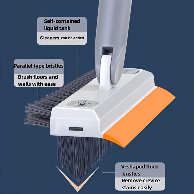 3 in 1 White Tiles Brush with Long Handle, Scraper & Sponge | Bathroom, Tile & Wall Cleaning Brush | Adjustable Handle, 360° Rotating Head, Heavy-Duty Cleaning Tool for Home Use