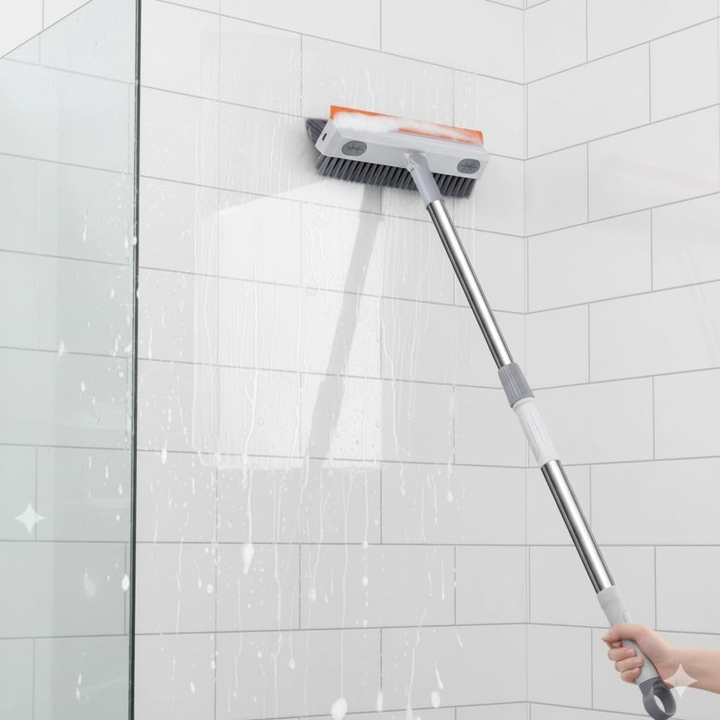 3 in 1 White Tiles Brush with Long Handle, Scraper & Sponge | Bathroom, Tile & Wall Cleaning Brush | Adjustable Handle, 360° Rotating Head, Heavy-Duty Cleaning Tool for Home Use