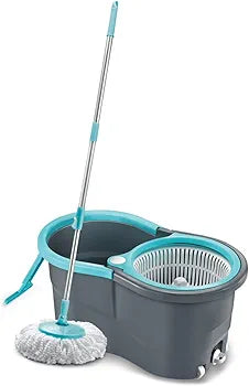 Spin Mop with Wheels and Deluxe Wringer System, Bucket Floor Cleaning and Mopping System,2 Microfiber Refills