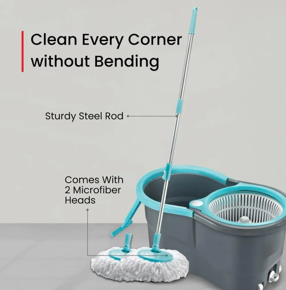 Spin Mop with Wheels and Deluxe Wringer System, Bucket Floor Cleaning and Mopping System,2 Microfiber Refills
