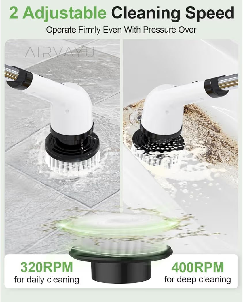Powerful Electric Spin Scrubber with Extendable Handle, 2-Speed Cordless, 9 Multi-Surface Brush Heads, 90Mins Work Time, 3 Adjustable Size, Rechargeable Cleaning Tool for Bathroom Tiles, Tub & Floors