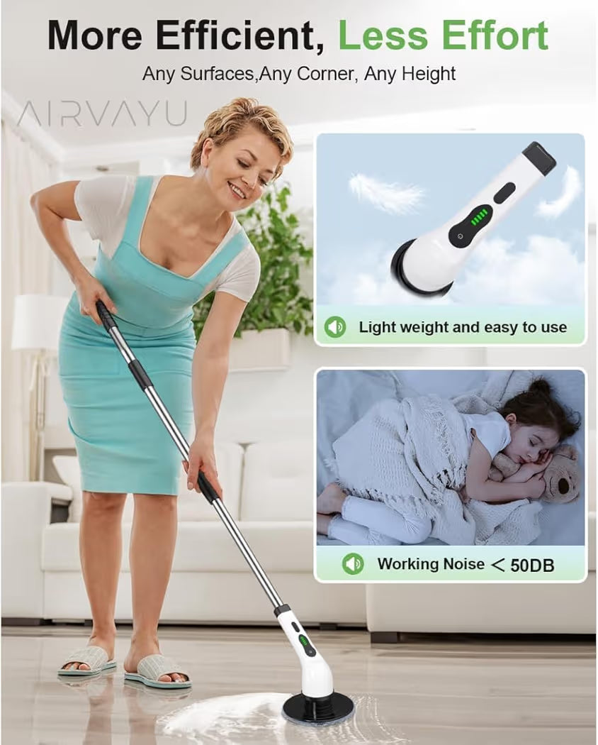 Powerful Electric Spin Scrubber with Extendable Handle, 2-Speed Cordless, 9 Multi-Surface Brush Heads, 90Mins Work Time, 3 Adjustable Size, Rechargeable Cleaning Tool for Bathroom Tiles, Tub & Floors