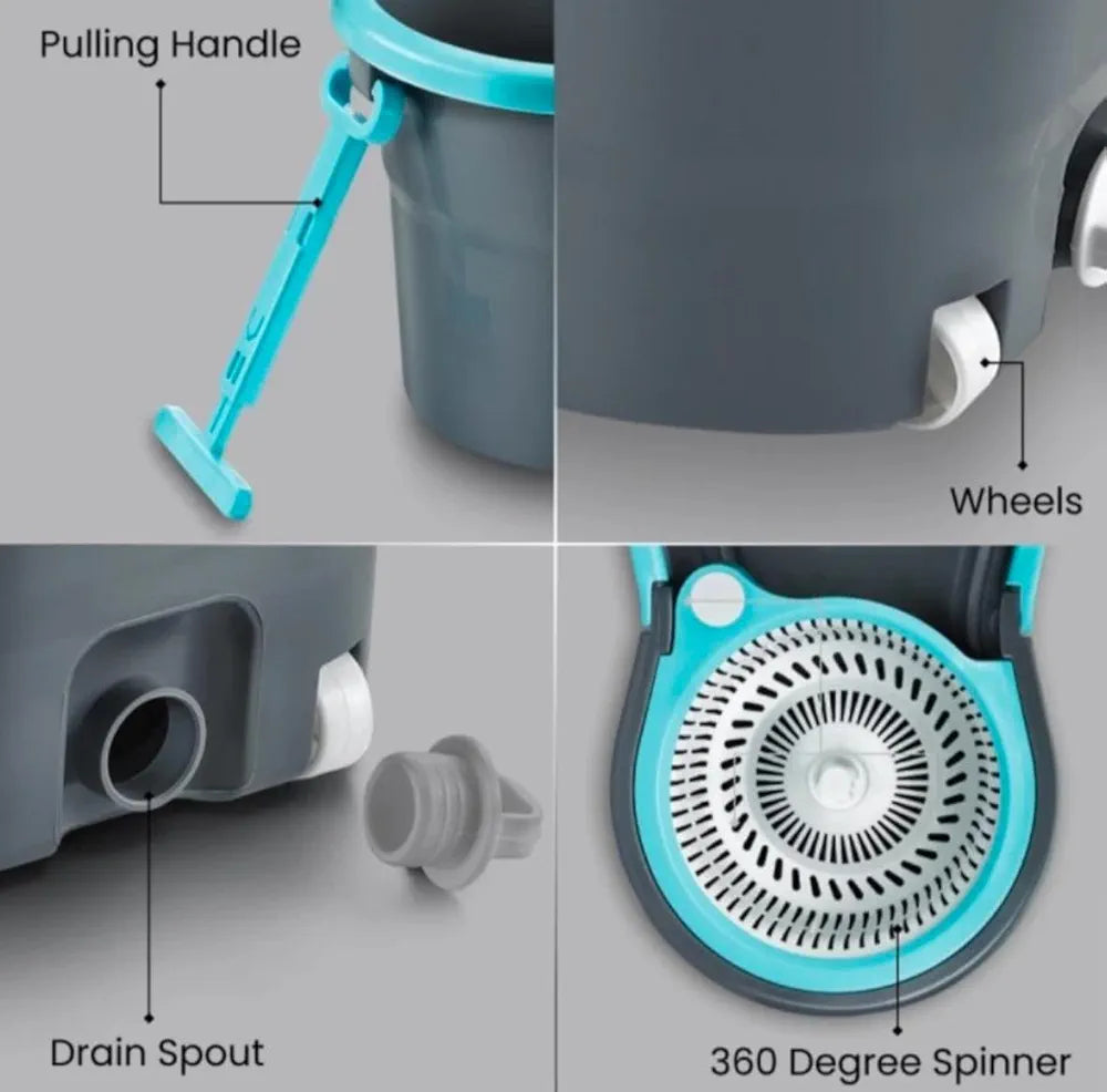 Spin Mop with Wheels and Deluxe Wringer System, Bucket Floor Cleaning and Mopping System,2 Microfiber Refills