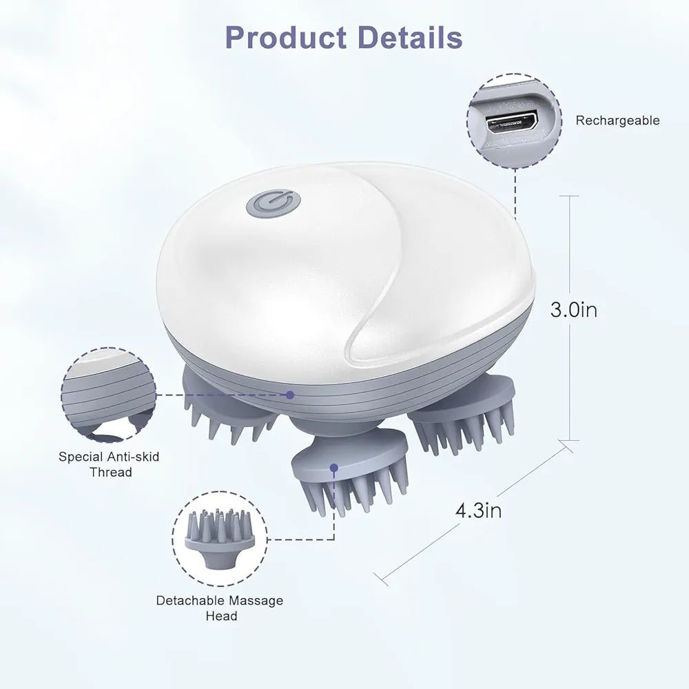 Head Massager For Scalp | Rechargeable Electric Scalp Massager For Hair Growth | 96 Silicon Kneading Points With Detachable Heads
