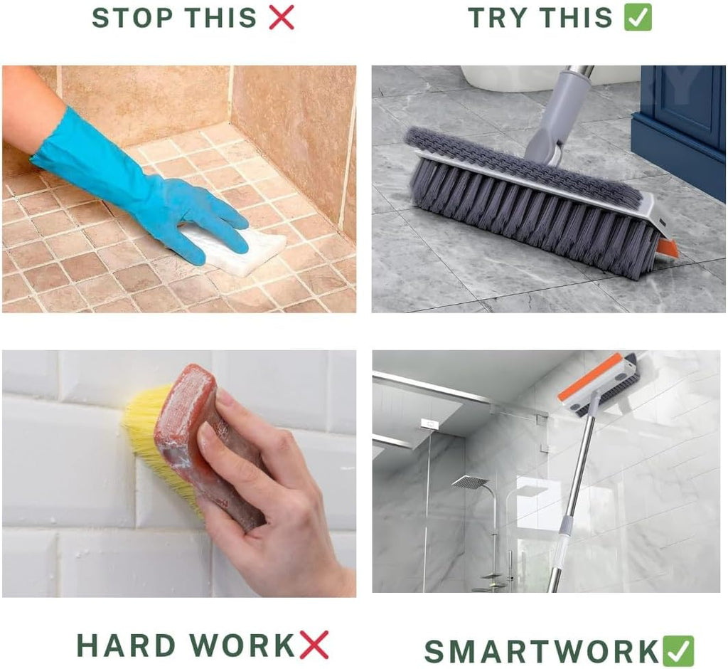 3 in 1 White Tiles Brush with Long Handle, Scraper & Sponge | Bathroom, Tile & Wall Cleaning Brush | Adjustable Handle, 360° Rotating Head, Heavy-Duty Cleaning Tool for Home Use