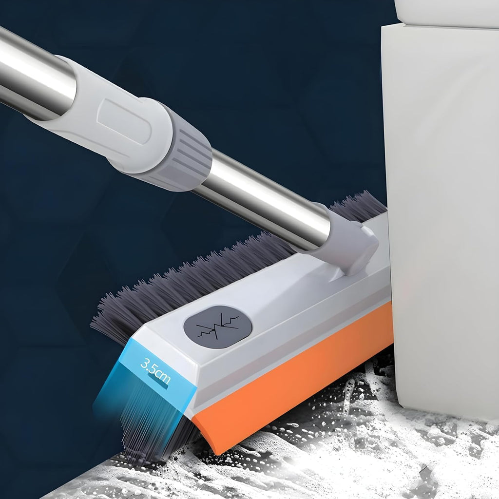 3 in 1 White Tiles Brush with Long Handle, Scraper & Sponge | Bathroom, Tile & Wall Cleaning Brush | Adjustable Handle, 360° Rotating Head, Heavy-Duty Cleaning Tool for Home Use