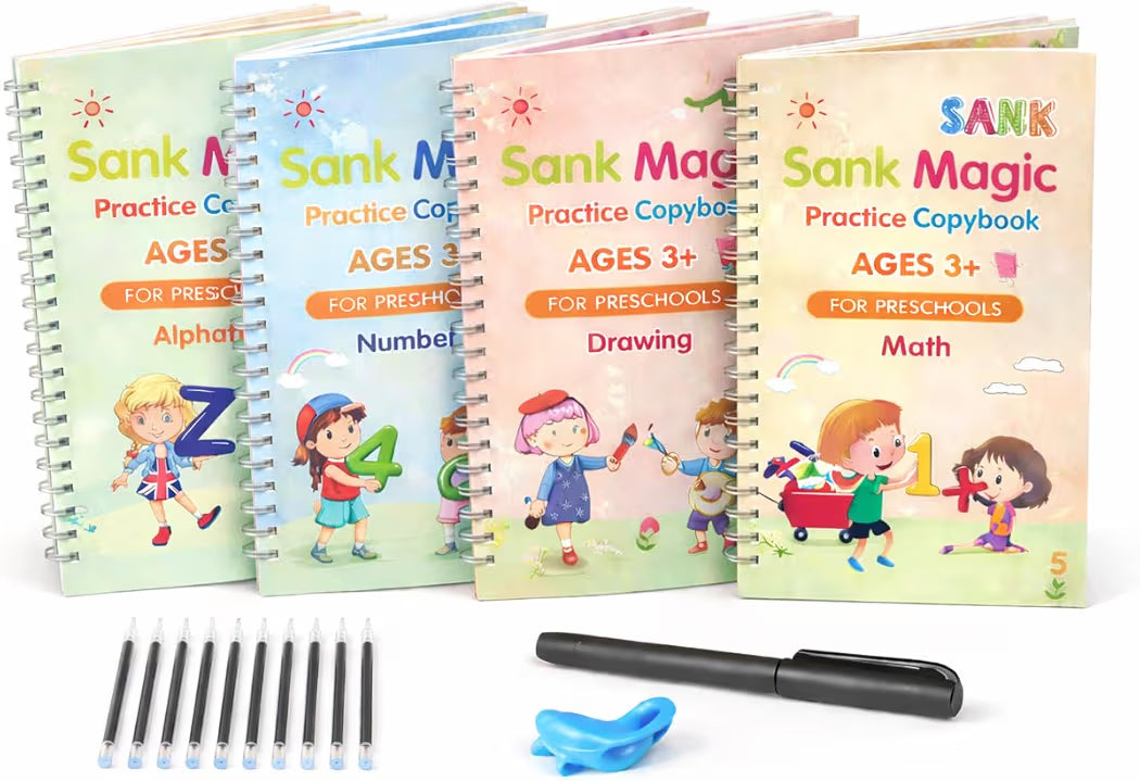 Magic Practice Copybook for Kids with Grooved Letters, Handwriting Improvement Book Set of 4, Reusable Writing Book with Pen Grip & 10 Refills, Preschool Learning Kit Age 3-8