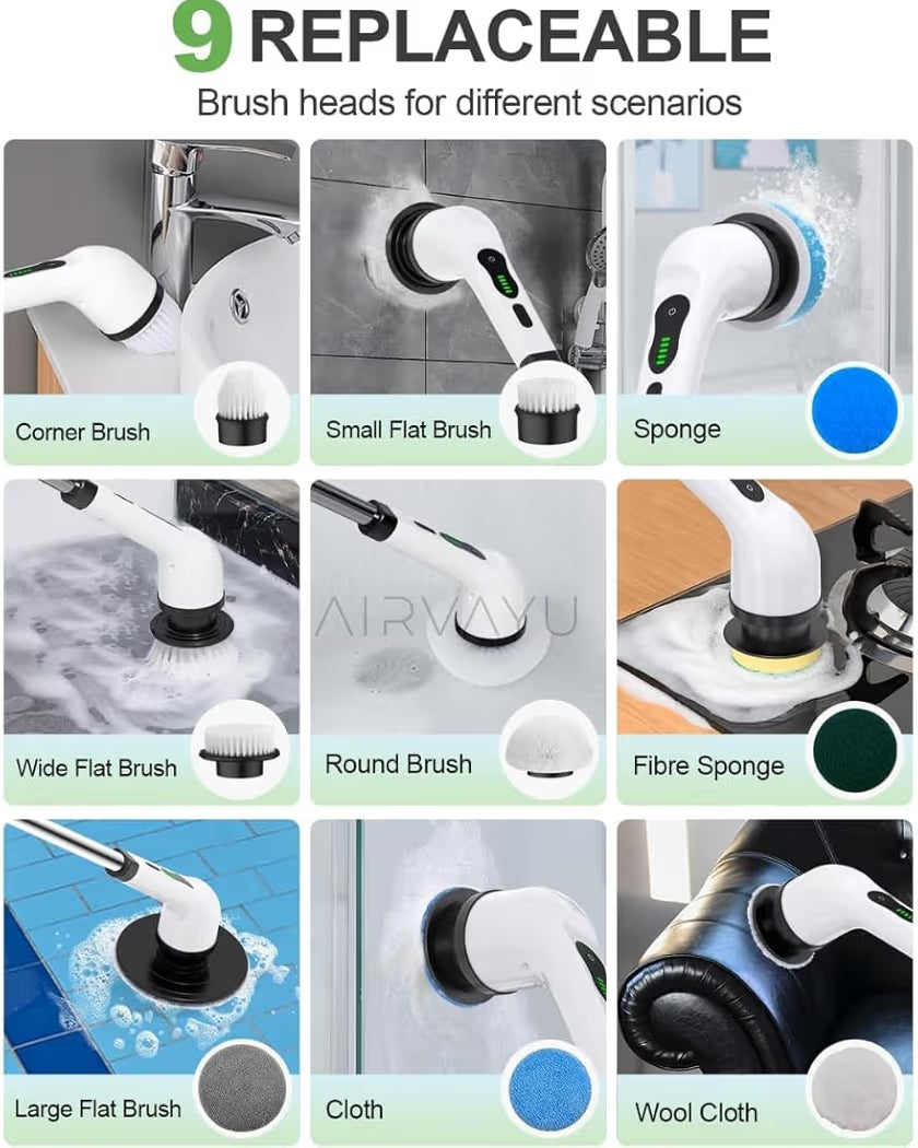 Powerful Electric Spin Scrubber with Extendable Handle, 2-Speed Cordless, 9 Multi-Surface Brush Heads, 90Mins Work Time, 3 Adjustable Size, Rechargeable Cleaning Tool for Bathroom Tiles, Tub & Floors