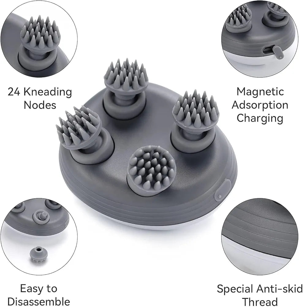 Head Massager For Scalp | Rechargeable Electric Scalp Massager For Hair Growth | 96 Silicon Kneading Points With Detachable Heads