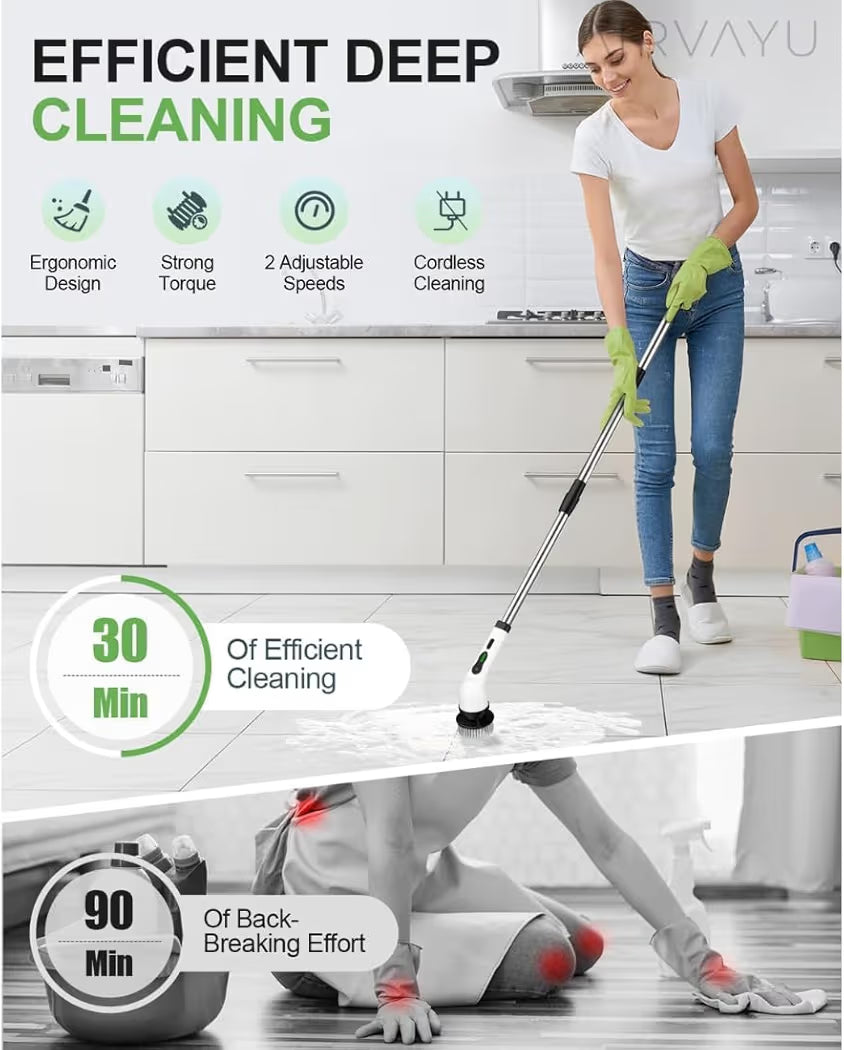 Powerful Electric Spin Scrubber with Extendable Handle, 2-Speed Cordless, 9 Multi-Surface Brush Heads, 90Mins Work Time, 3 Adjustable Size, Rechargeable Cleaning Tool for Bathroom Tiles, Tub & Floors