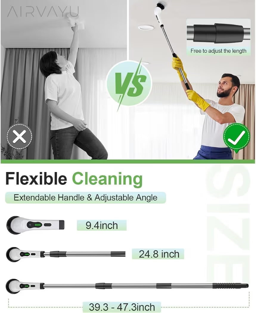 Powerful Electric Spin Scrubber with Extendable Handle, 2-Speed Cordless, 9 Multi-Surface Brush Heads, 90Mins Work Time, 3 Adjustable Size, Rechargeable Cleaning Tool for Bathroom Tiles, Tub & Floors
