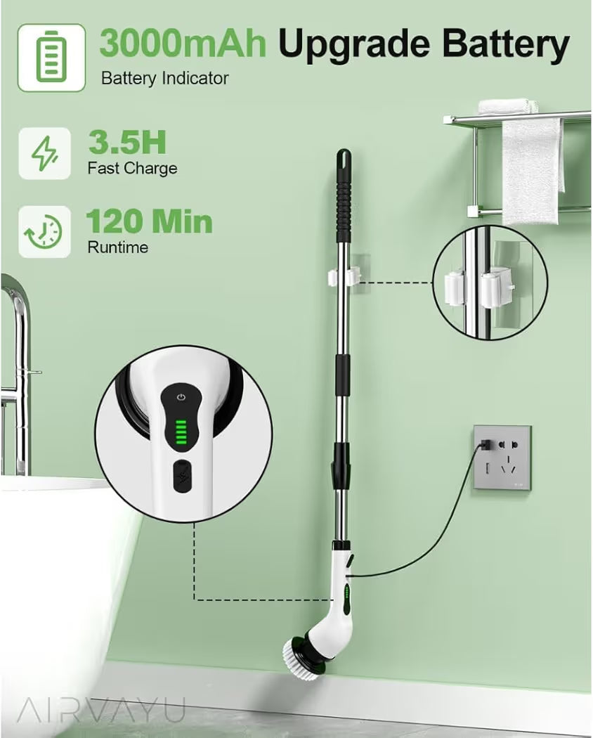 Powerful Electric Spin Scrubber with Extendable Handle, 2-Speed Cordless, 9 Multi-Surface Brush Heads, 90Mins Work Time, 3 Adjustable Size, Rechargeable Cleaning Tool for Bathroom Tiles, Tub & Floors