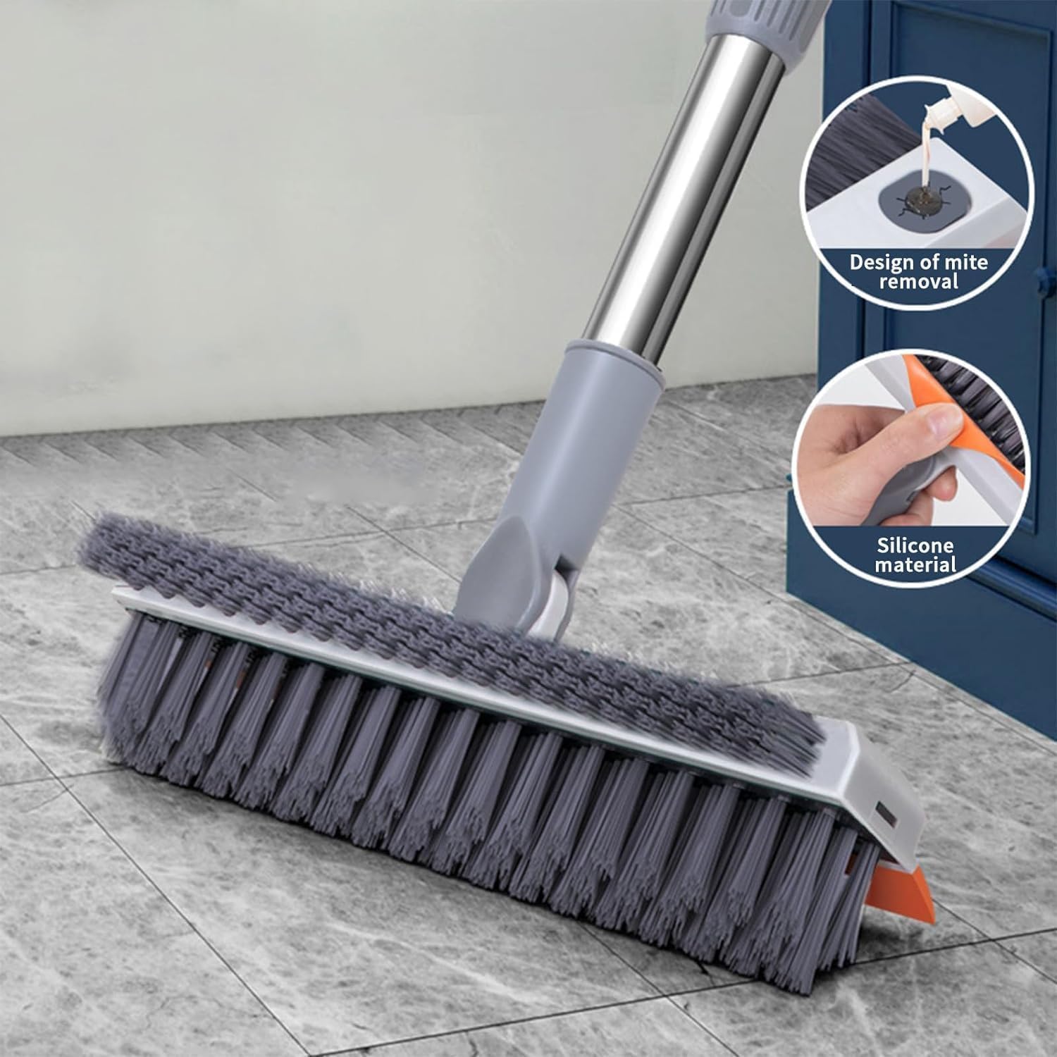 3 in 1 White Tiles Brush with Long Handle, Scraper & Sponge | Bathroom, Tile & Wall Cleaning Brush | Adjustable Handle, 360° Rotating Head, Heavy-Duty Cleaning Tool for Home Use