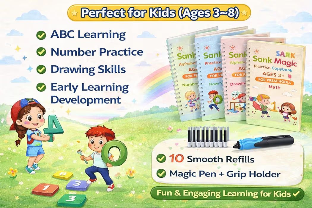 Magic Practice Copybook for Kids with Grooved Letters, Handwriting Improvement Book Set of 4, Reusable Writing Book with Pen Grip & 10 Refills, Preschool Learning Kit Age 3-8