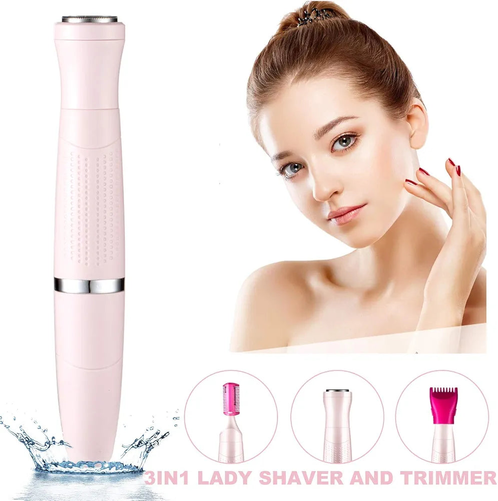 Painless Women's Bikini Trimmer 3in1 Painless Multi Grooming Kit Cordless Wet and Dry Shaver Electric Razor Women's Facial Hair Removal Bikini Trimmer Ladies Eyebrow Body Hair Removal