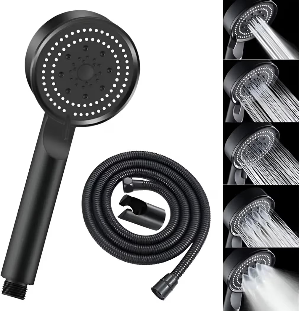 High Pressure Multi Flows Black Hand Shower Set/Shower Head With 1.5 Meter Black Tube & Wall Hook (Set of 1) For Bathroom/Wall Mixer Faucet (Wall Mount Installation Type)