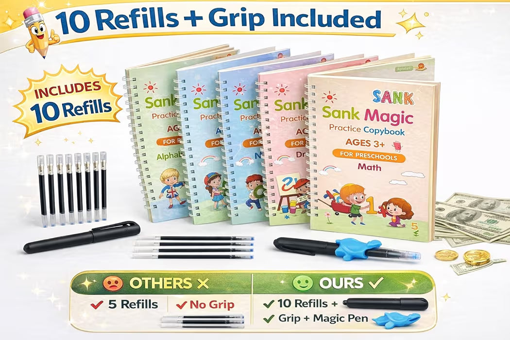 Magic Practice Copybook for Kids with Grooved Letters, Handwriting Improvement Book Set of 4, Reusable Writing Book with Pen Grip & 10 Refills, Preschool Learning Kit Age 3-8