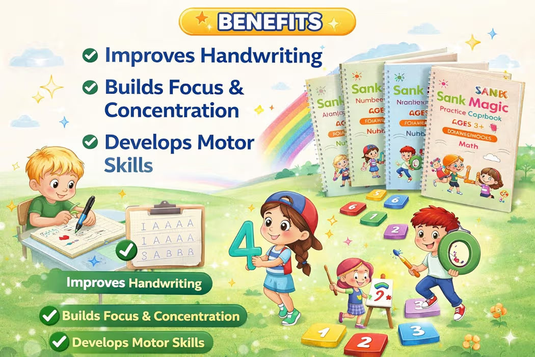 Magic Practice Copybook for Kids with Grooved Letters, Handwriting Improvement Book Set of 4, Reusable Writing Book with Pen Grip & 10 Refills, Preschool Learning Kit Age 3-8