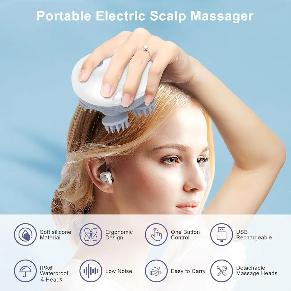 Head Massager For Scalp | Rechargeable Electric Scalp Massager For Hair Growth | 96 Silicon Kneading Points With Detachable Heads