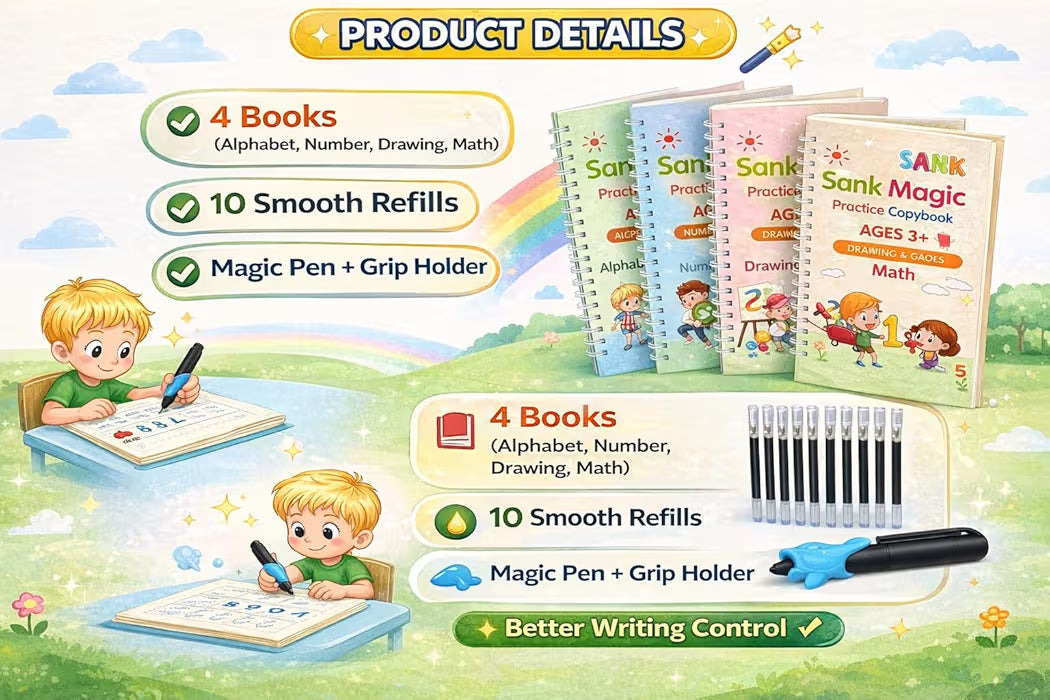 Magic Practice Copybook for Kids with Grooved Letters, Handwriting Improvement Book Set of 4, Reusable Writing Book with Pen Grip & 10 Refills, Preschool Learning Kit Age 3-8