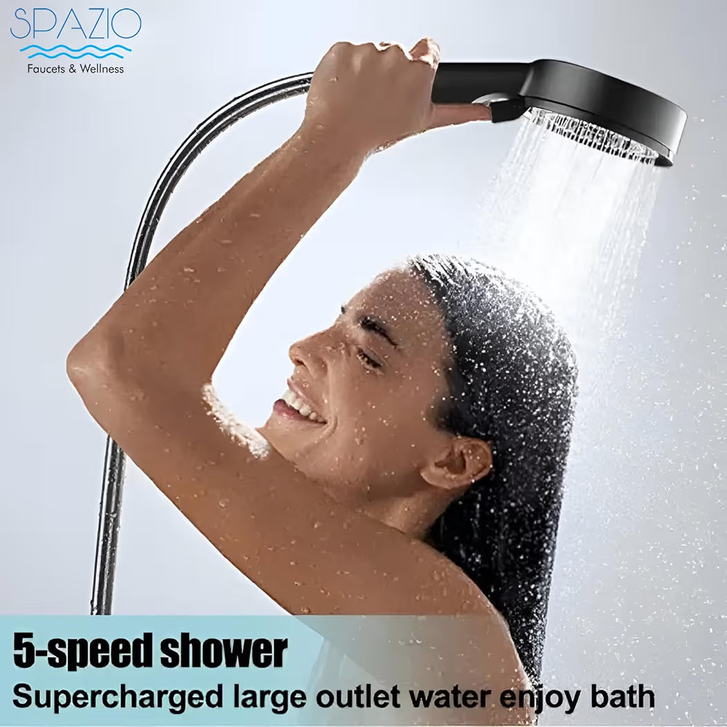 High Pressure Multi Flows Black Hand Shower Set/Shower Head With 1.5 Meter Black Tube & Wall Hook (Set of 1) For Bathroom/Wall Mixer Faucet (Wall Mount Installation Type)