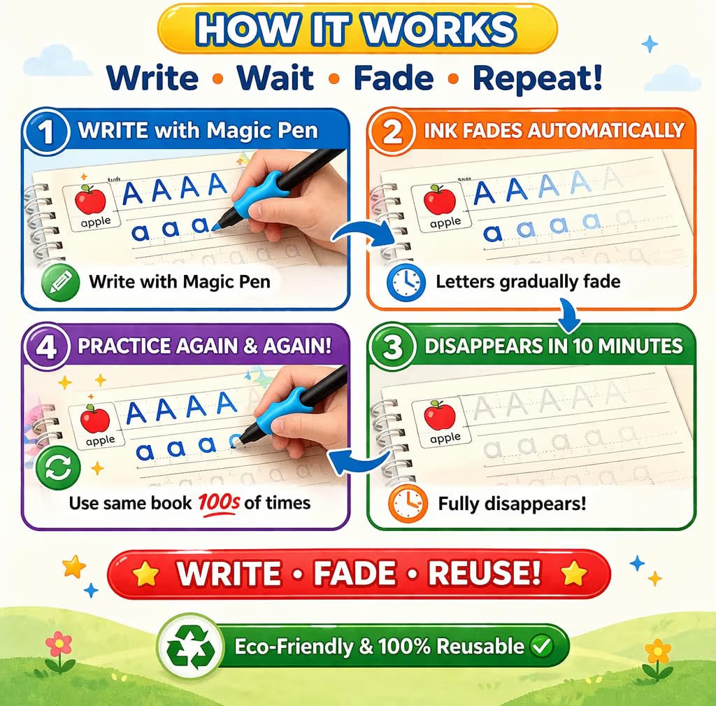 Magic Practice Copybook for Kids with Grooved Letters, Handwriting Improvement Book Set of 4, Reusable Writing Book with Pen Grip & 10 Refills, Preschool Learning Kit Age 3-8