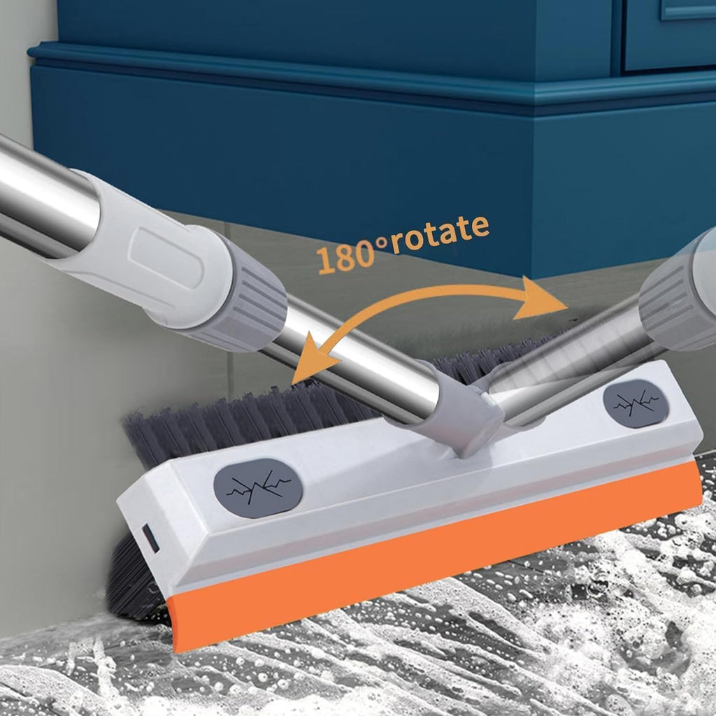 3 in 1 White Tiles Brush with Long Handle, Scraper & Sponge | Bathroom, Tile & Wall Cleaning Brush | Adjustable Handle, 360° Rotating Head, Heavy-Duty Cleaning Tool for Home Use