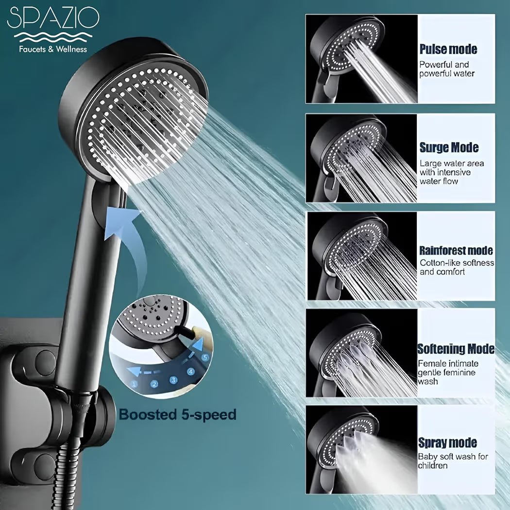 High Pressure Multi Flows Black Hand Shower Set/Shower Head With 1.5 Meter Black Tube & Wall Hook (Set of 1) For Bathroom/Wall Mixer Faucet (Wall Mount Installation Type)
