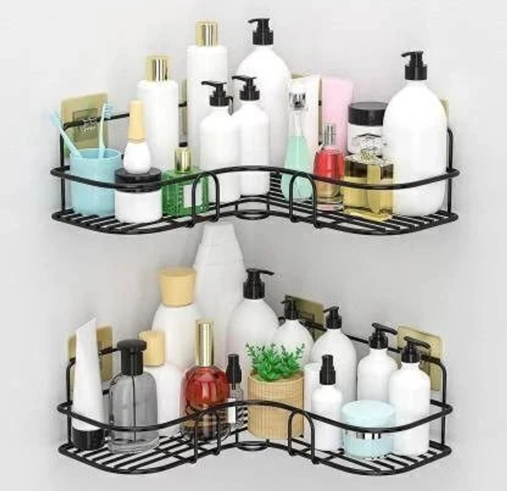 Corner Bathroom Shelf Steel Wall Shelf (Number of Shelves - 2, Black)